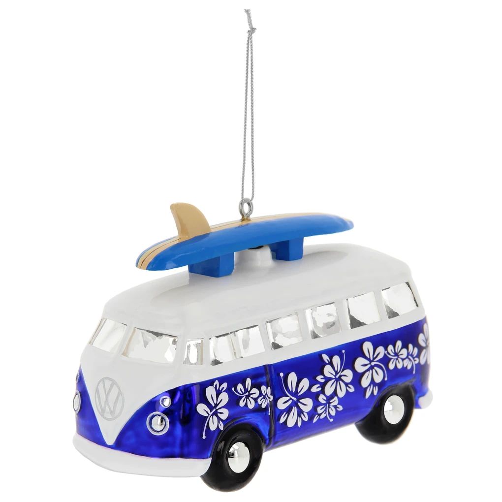 Volkswagen T1 Bus božićni ukras od stakla – plavo/bijeli
