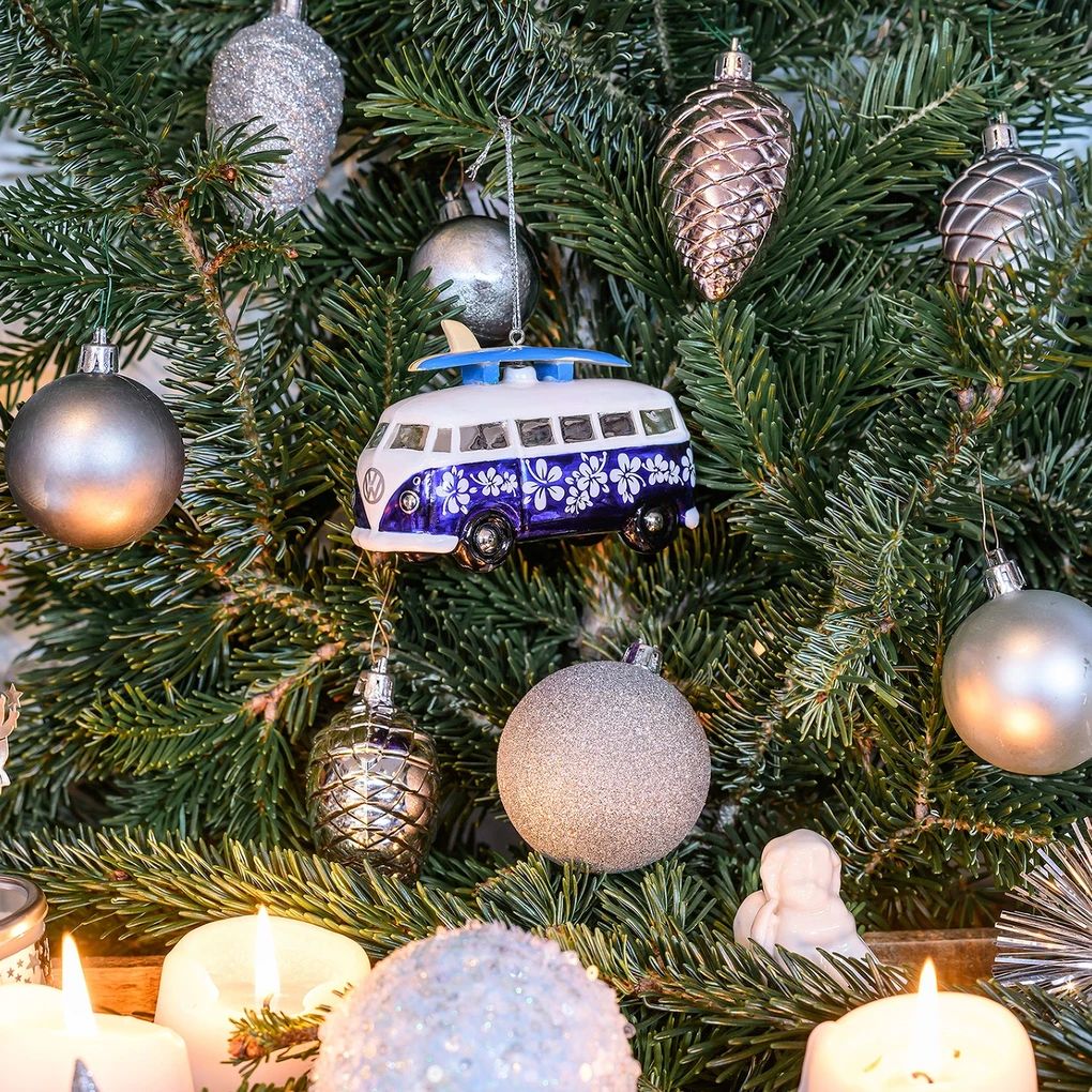 Volkswagen T1 Bus božićni ukras od stakla – plavo/bijeli
