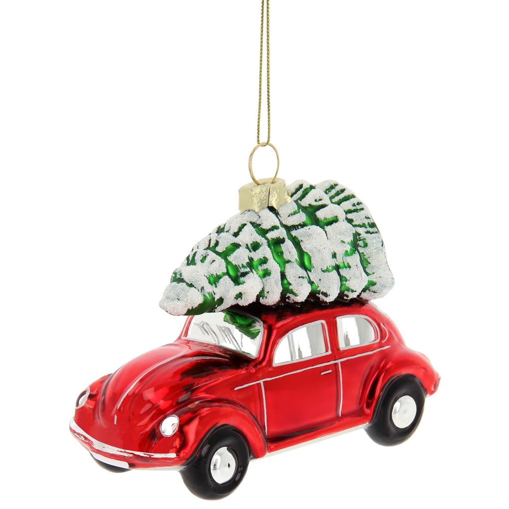 Volkswagen Buba božićni ukras, crveni, s božićnim drvcem.
