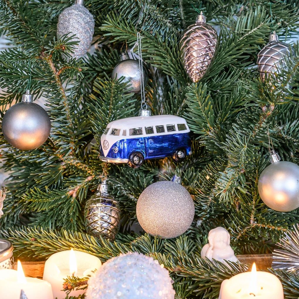 Volkswagen T1 Bus božićni ukras od stakla – plavo/bijeli
